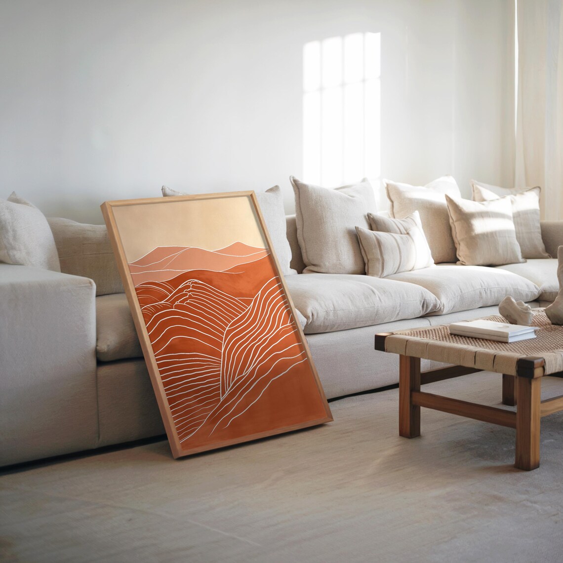 Warm Midcentury Terracotta Dunes White Line Art Abstract Poster