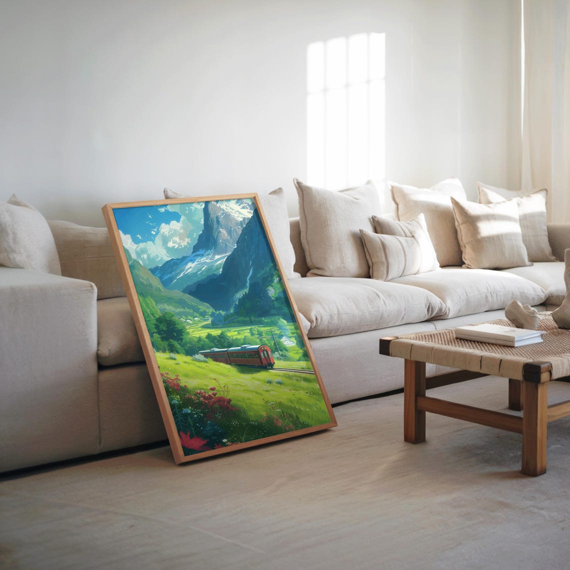 Red Vintage Train in Alpine Meadow Mountain Landscape Painting Poster