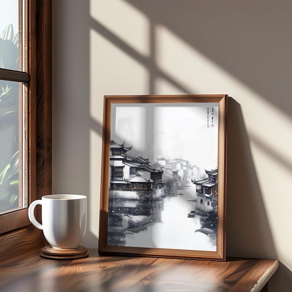 Town River Art Photorealistic Impressionism Monochrome Black Palette High Detail Dreamy Vibe Wall Dcor