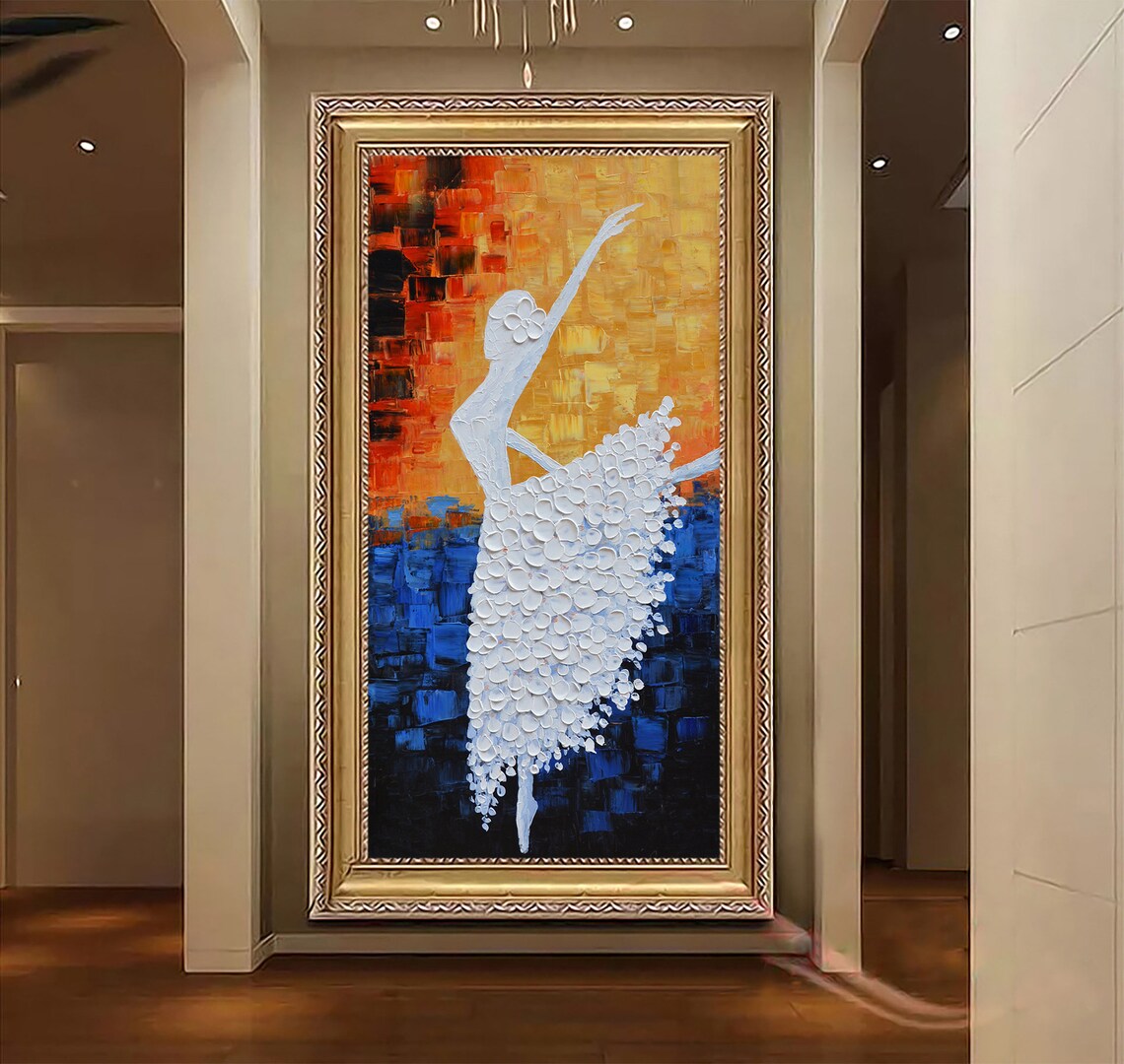 Abstract White Ballerina Dancer On Fiery Blue Gold Oil Poster - Image 4
