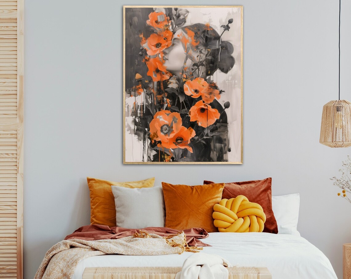Sensual Woman Portrait With Vivid Orange Poppies Floral Art Poster