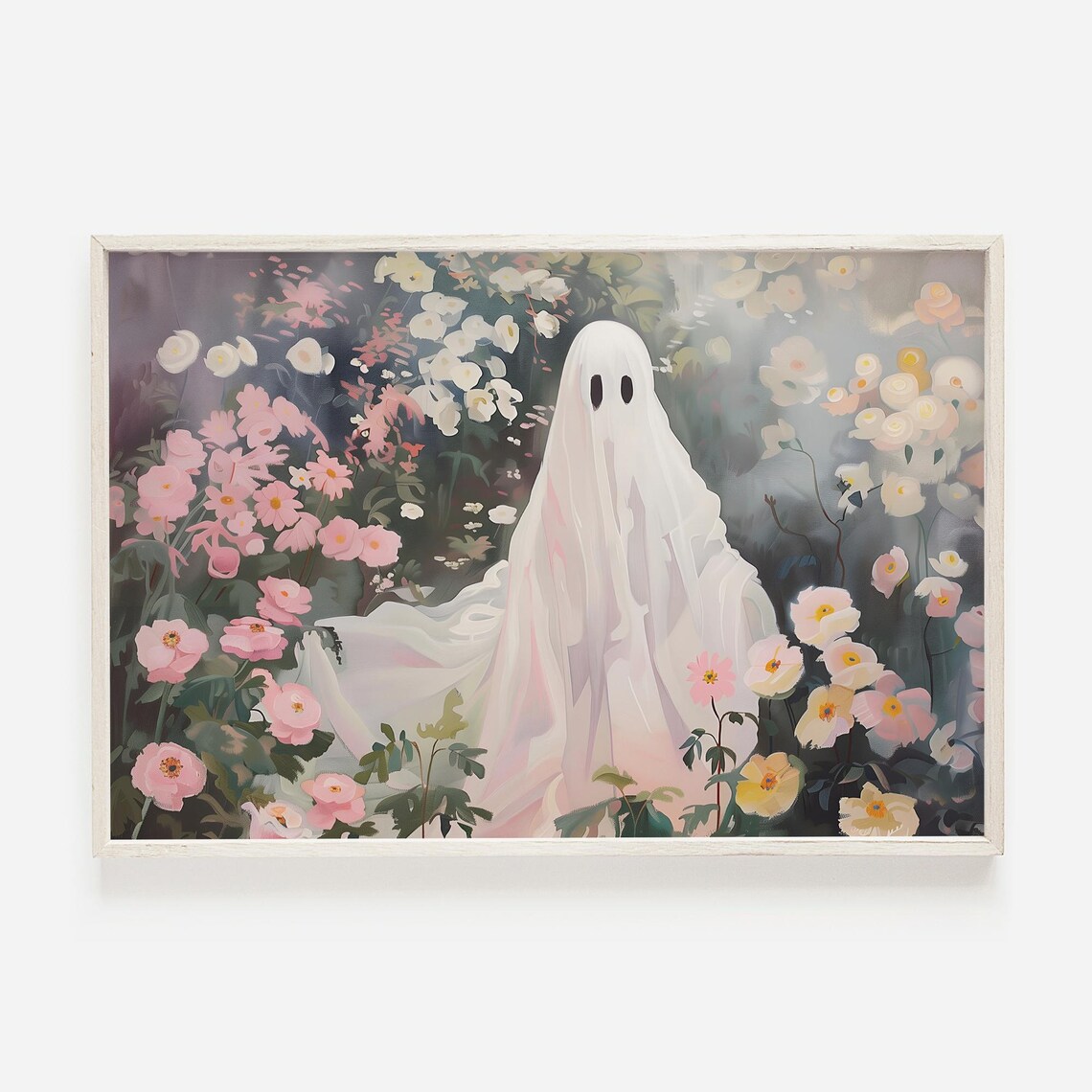 White Ghost Among Pink Wildflowers Painting Soft Spooky Floral Wall Art Print