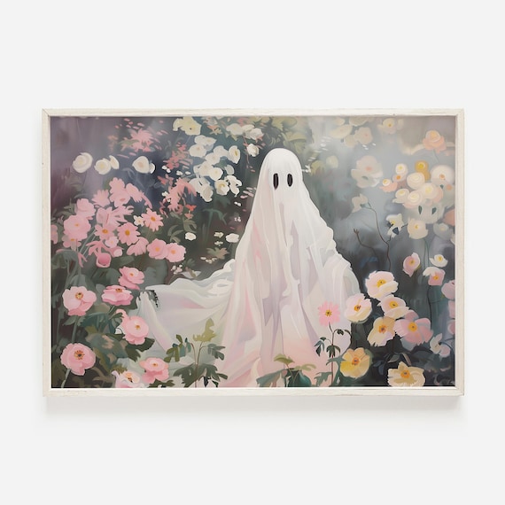 White Ghost Among Pink Wildflowers Painting Soft Spooky Floral Wall Art Print