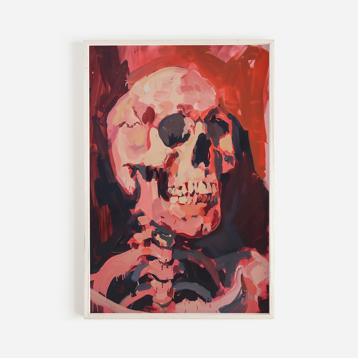 Gothic Skull Oil Painting Pink Red Black Expressionist Skeleton Art Print