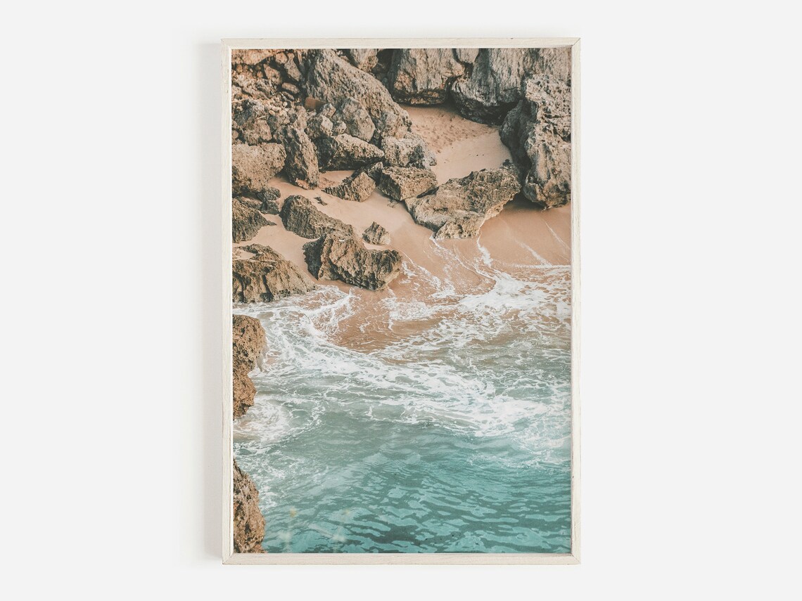 Rocky Coast Beach Surf Print, Boho Coastal Decor