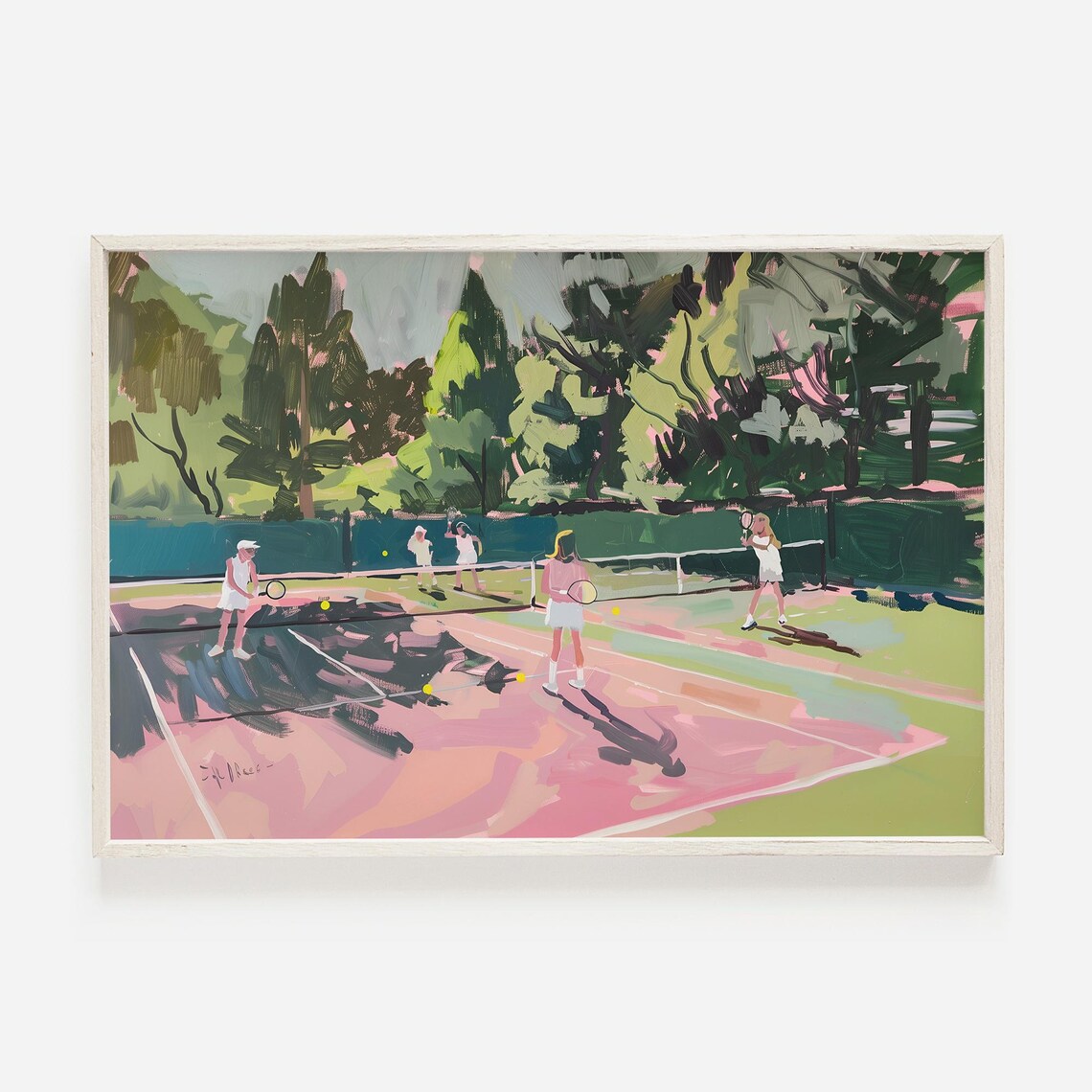 Girls Tennis Match On Pink Court Bold Sports Painting Art Poster