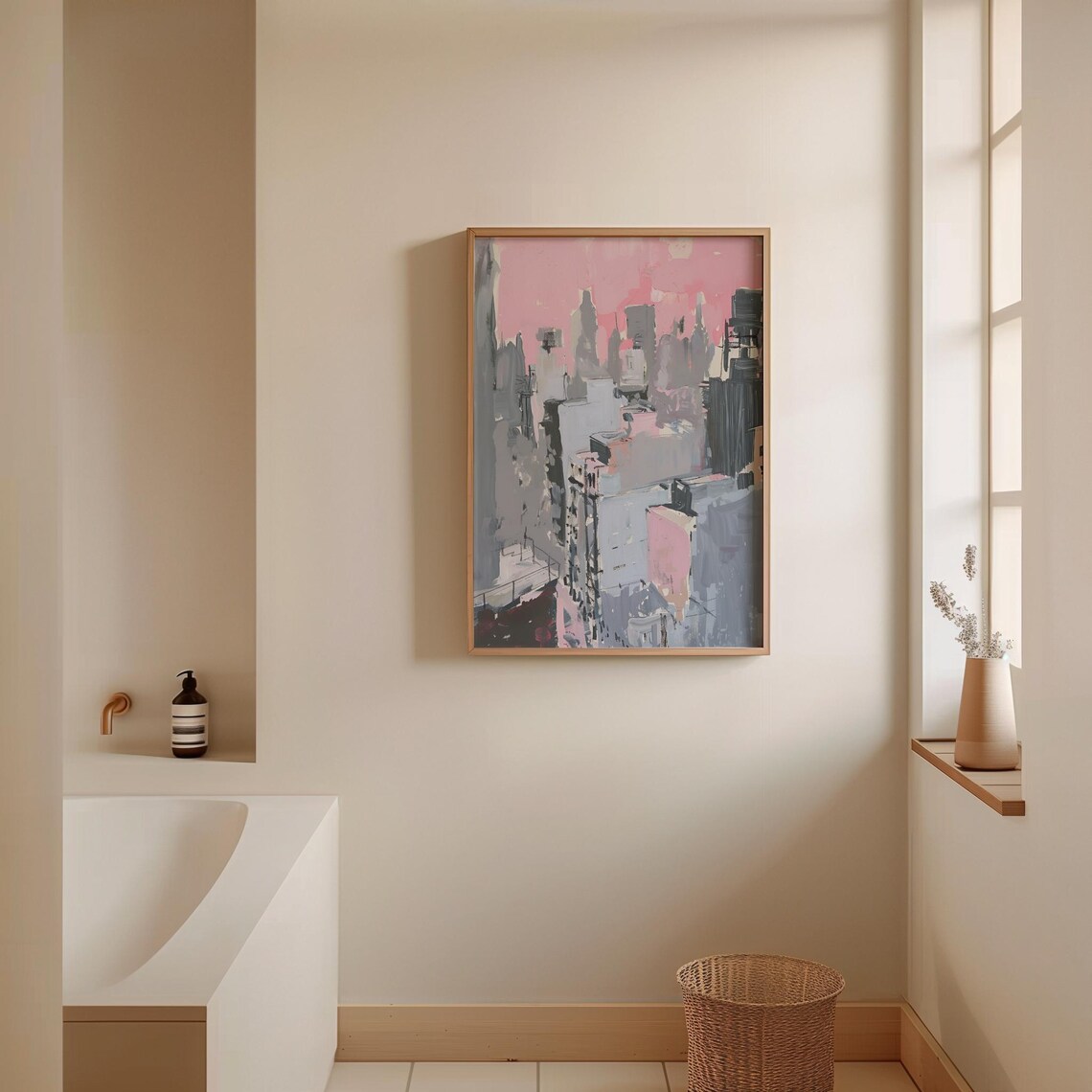 Pink City Skyline Hand Painted Skyscrapers Modern Urban Art Poster - Image 2
