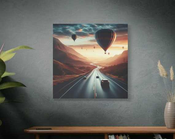 Mountain Road Hot Air Balloon Adventure Scenic Road Painting A Road With Cars And Air Balloons In The Sky Stretched 125