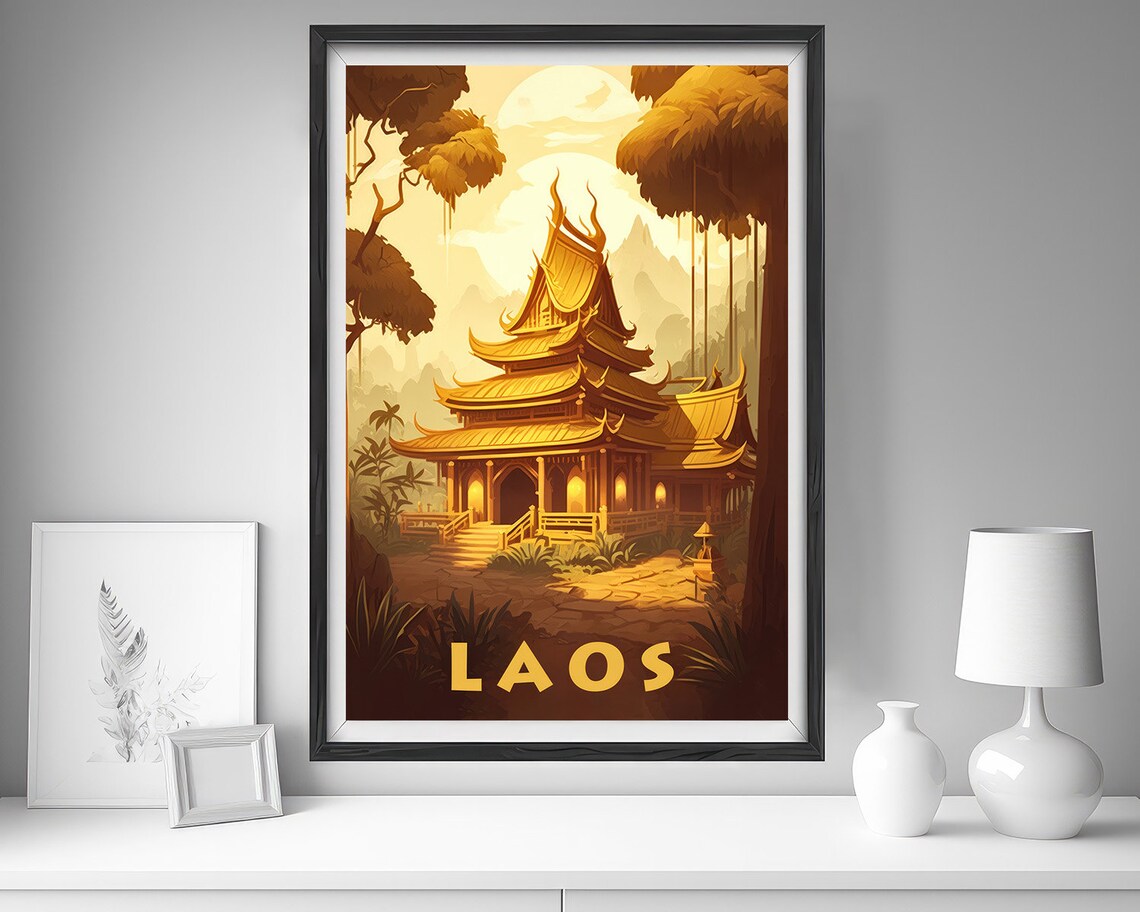 Laos Golden Buddhist Temple Rainforest Jungle Vintage Travel Poster - Image 4