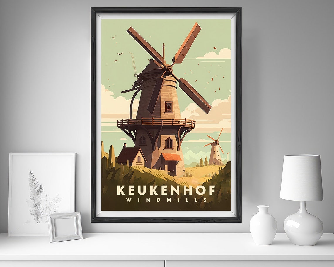 Keukenhof Netherlands Travel Poster Keukenhof Netherlands Wall Art Print Windmill Painting Windmill Illustration Keukenhof Decor - Image 4
