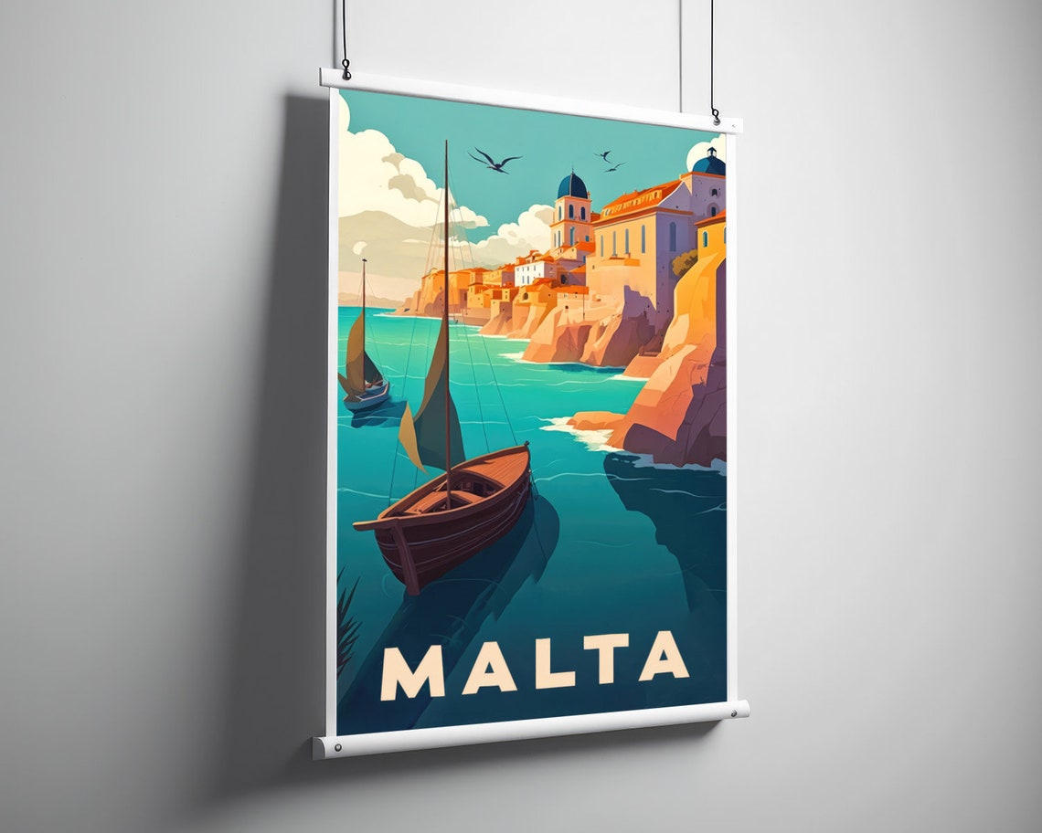 Malta Sailboat Harbor Mediterranean Cliffs Retro Travel Poster - Image 3