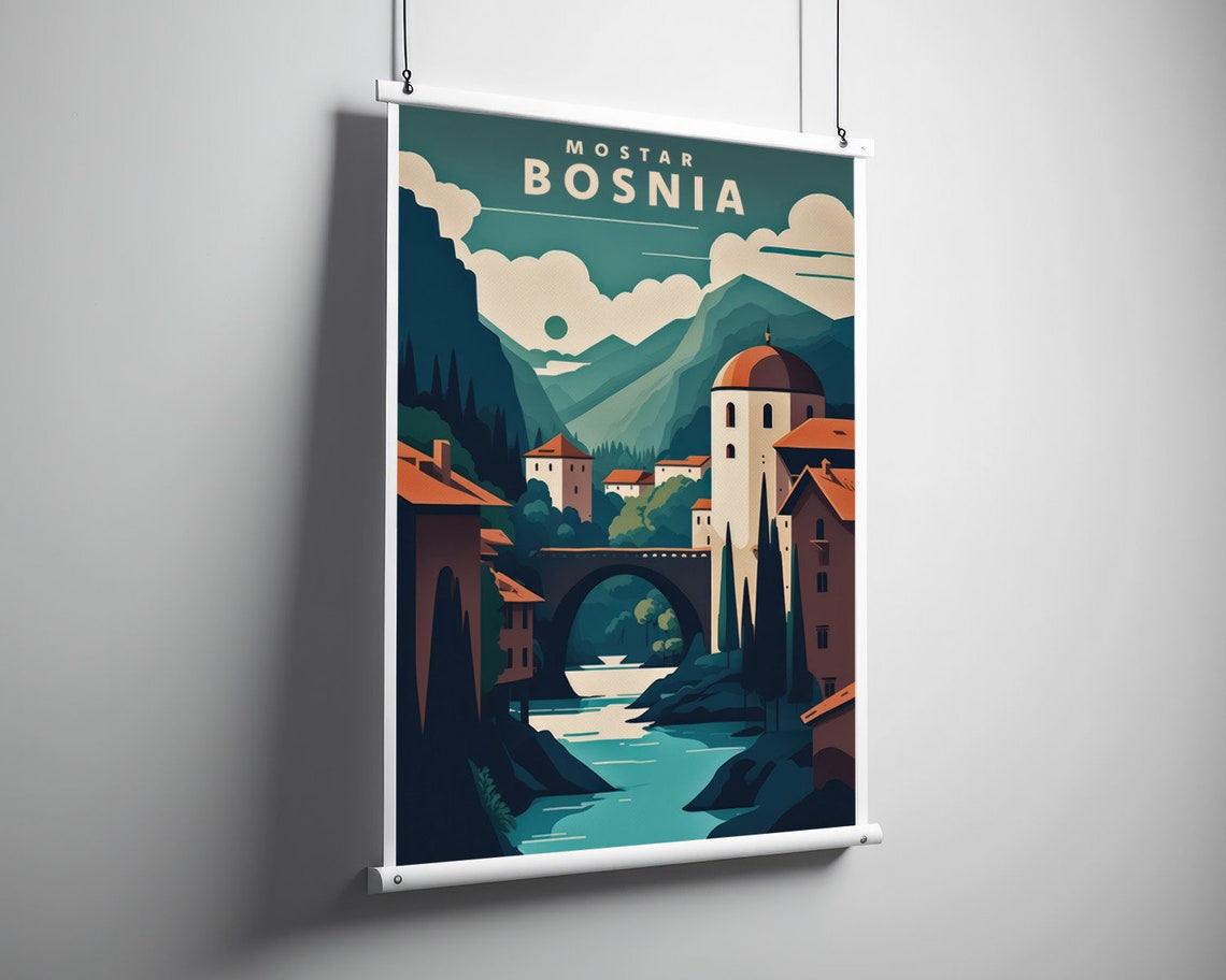 Mostar Bosnia Travel Poster Mostar Bosnia Wall Art Print Mostar Bosnia Painting Illustration Mostar Bosnia Watercolor Home Decor - Image 3