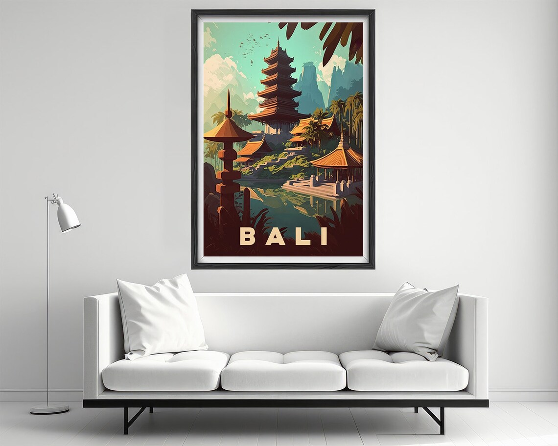 Bali Indonesia Vintage Travel Poster Lake Temple Pagoda Scene - Image 2