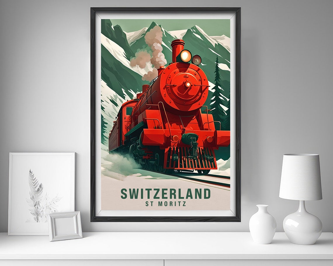 Switzerland St Moritz Red Steam Train Alpine Railway Poster Art - Image 4