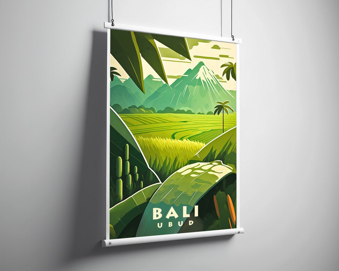 Bali Ubud Rice Fields Vintage Travel Poster Volcano Jungle Art - Image 3