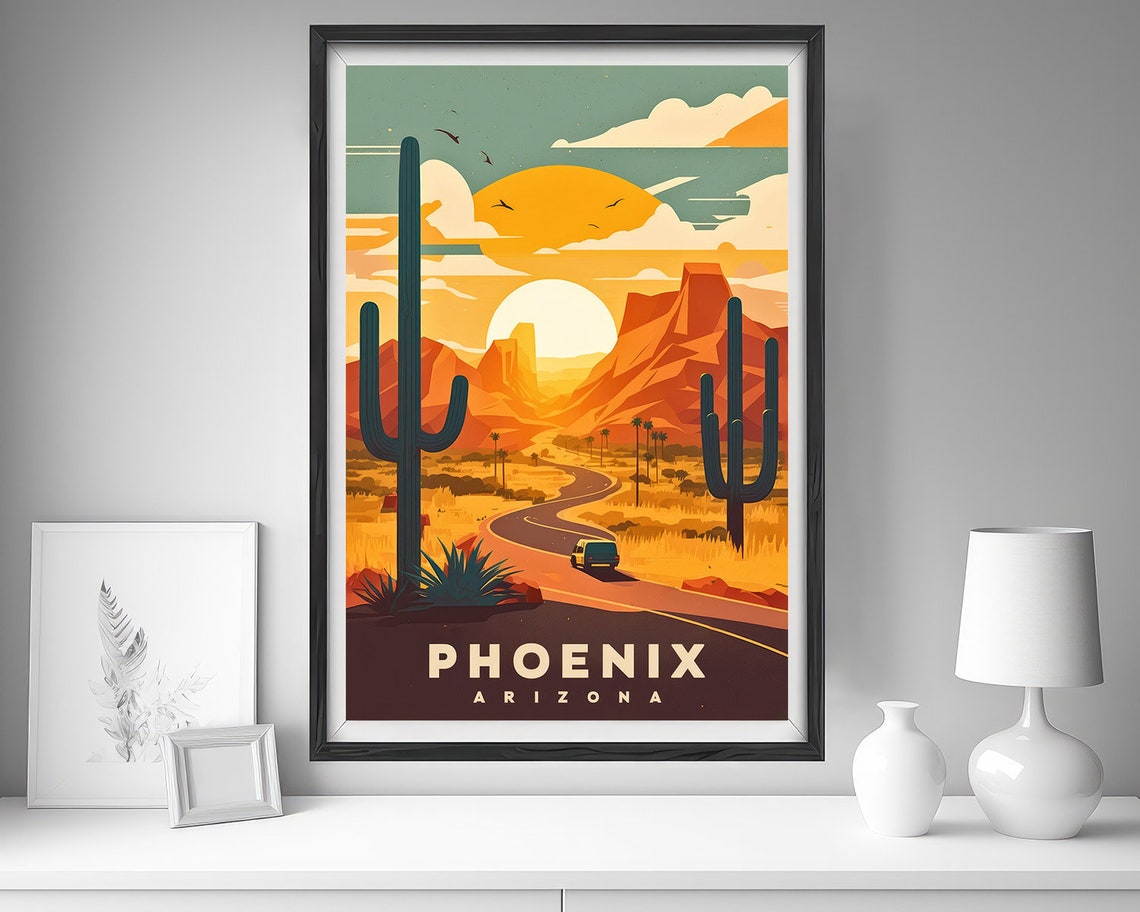 Phoenix Arizona Desert Highway Saguaro Cactus Sunset Travel Poster - Image 4