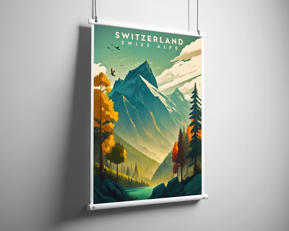 Swiss Alps Switzerland Mountain Lake Autumn Vintage Travel Poster - Image 4