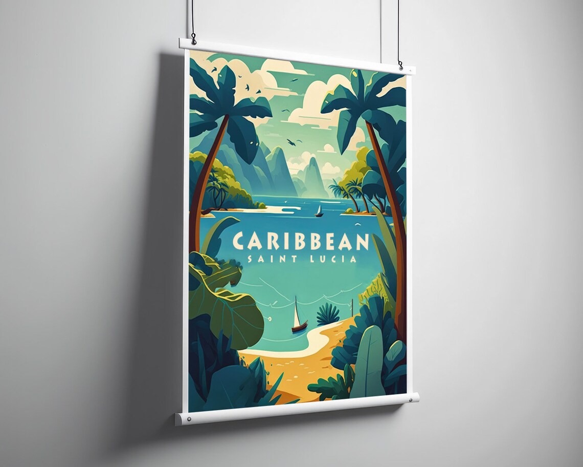 Saint Lucia Caribbean Tropical Beach Palms Vintage Travel Poster - Image 3