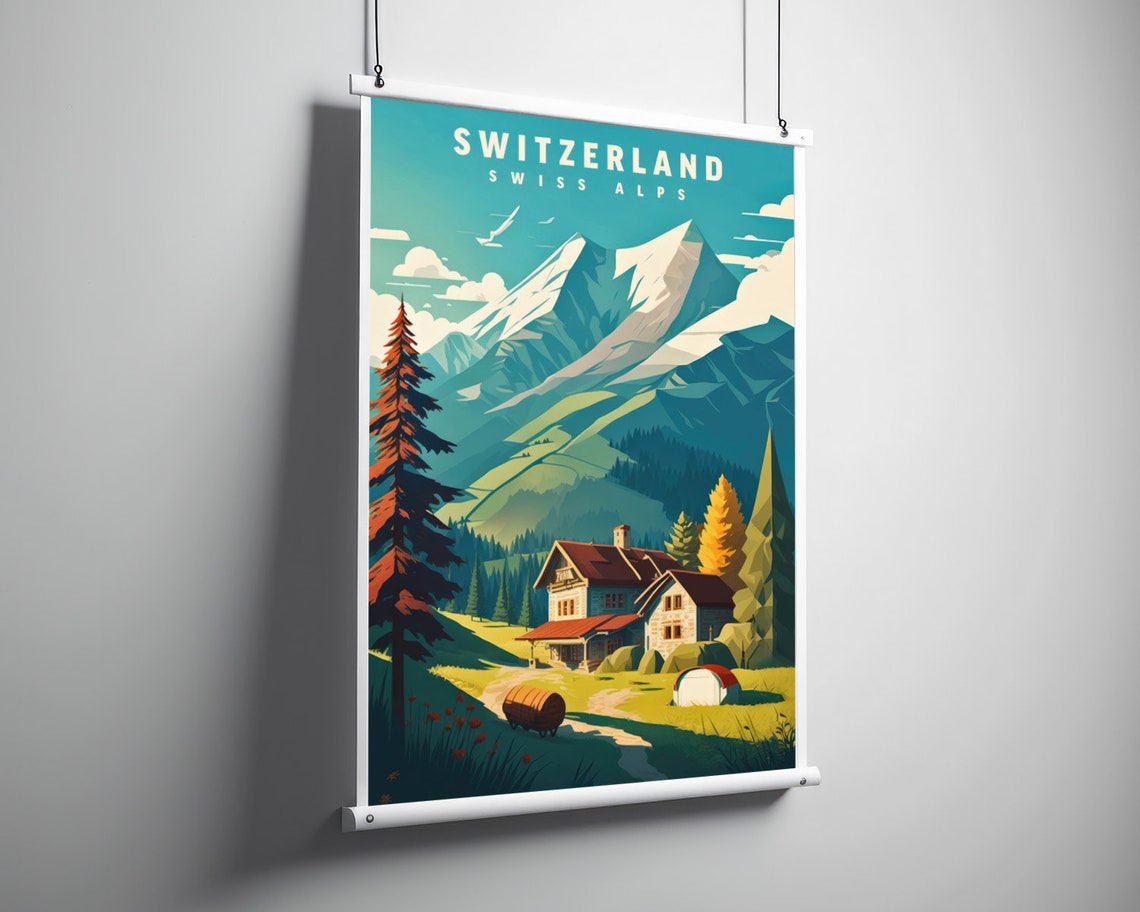 Swiss Alps Switzerland Travel Poster Swiss Alps Wall Art Print Swiss Alps Painting Illustration Switzerland Swiss Alps Home Decor - Image 3