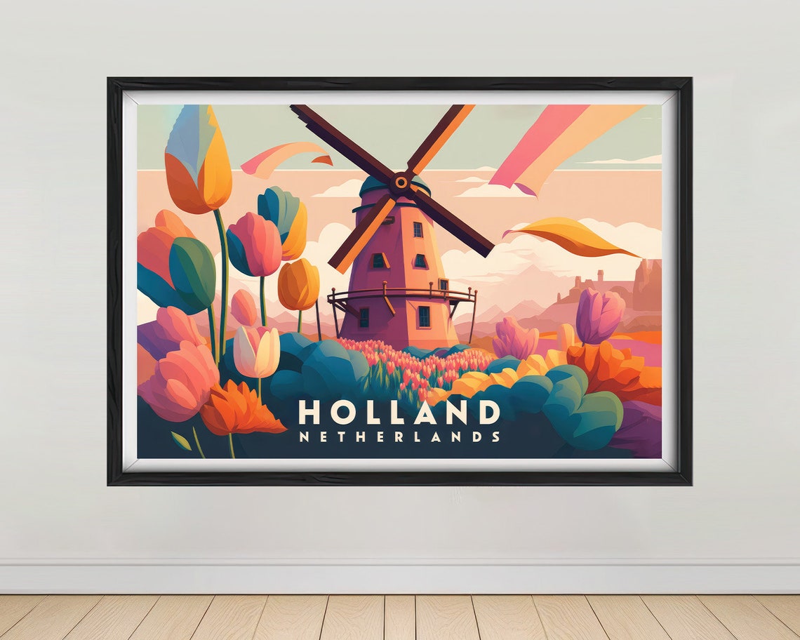 Holland Netherlands Windmill Tulip Fields Spring Scenic Travel Poster