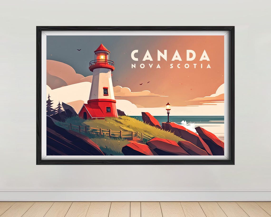 Nova Scotia Canada Lighthouse Sunset Coast Vintage Travel Poster