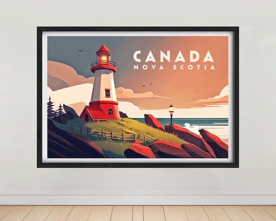 Nova Scotia Canada Lighthouse Sunset Coast Vintage Travel Poster