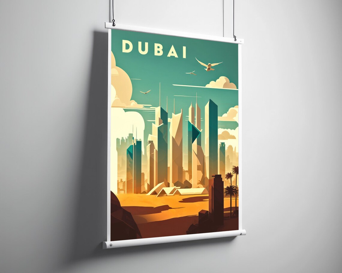 Dubai UAE Vintage Travel Poster Modern Skyline Desert Sunset Art - Image 3