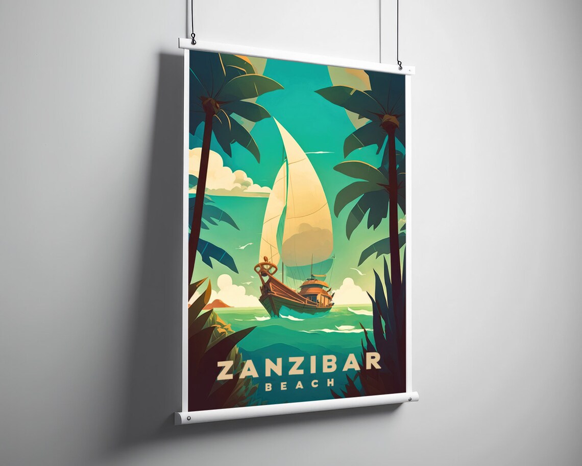 Zanzibar Beach Vintage Travel Poster Sailboat Palm Sunset Art - Image 3