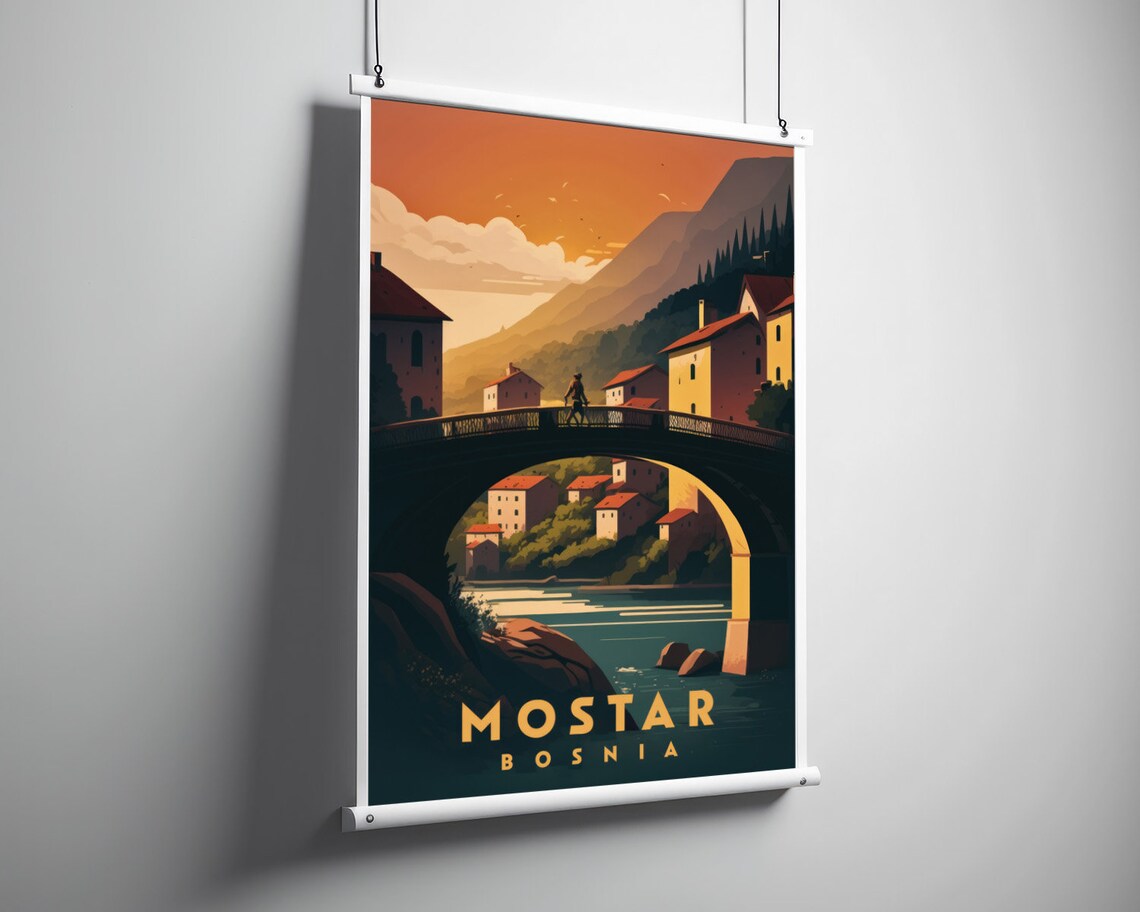 Mostar Bosnia Stari Most Old Bridge Sunset Vintage Travel Poster - Image 3