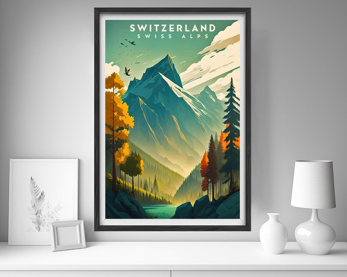 Swiss Alps Switzerland Mountain Lake Autumn Vintage Travel Poster - Image 3
