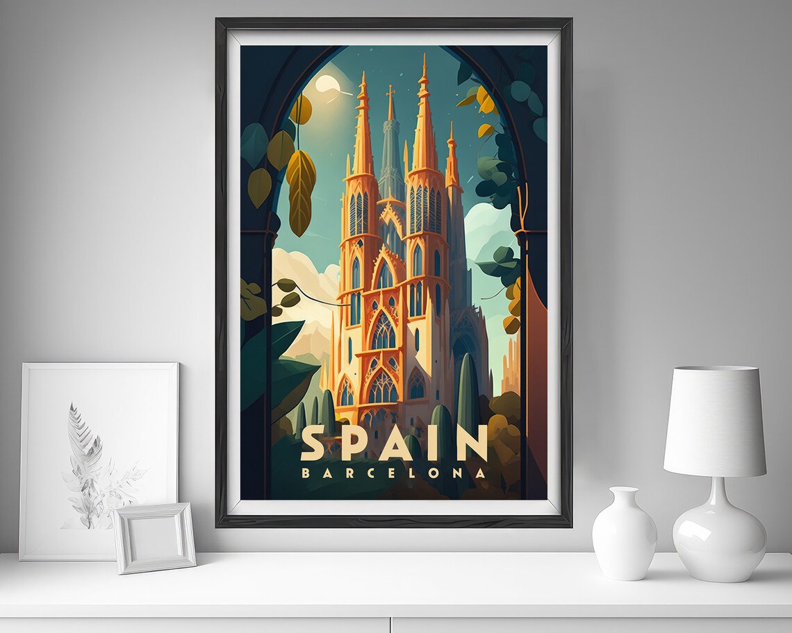 Spain Barcelona Sagrada Familia Cathedral Night Retro Travel Poster - Image 4