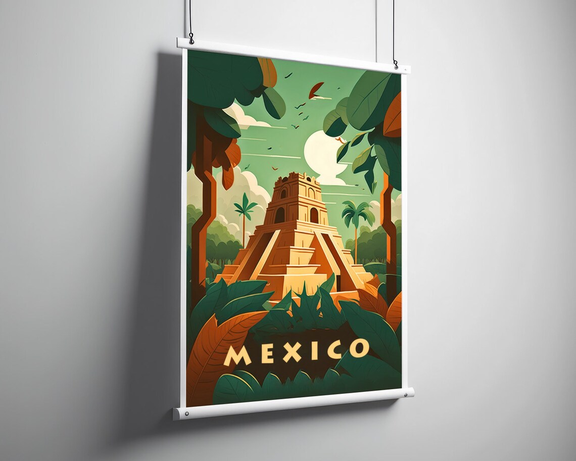 Mexico Ancient Mayan Temple Jungle Pyramid Vintage Travel Poster - Image 3