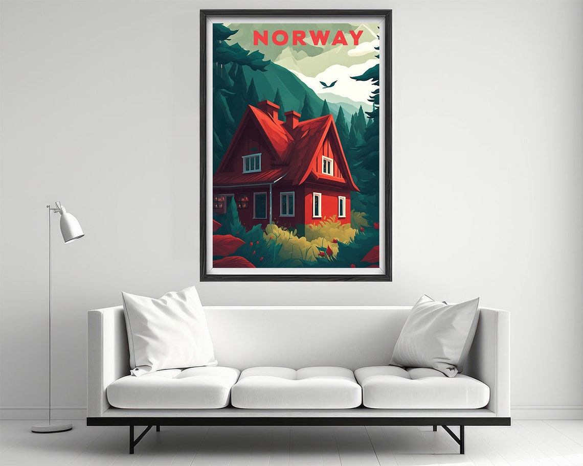 Norway Red Cabin Pine Forest Nordic Mountain Vintage Travel Poster - Image 2
