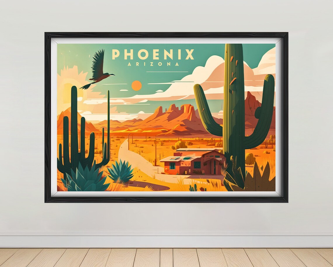 Phoenix Arizona Desert Adobe House Saguaro Retro Travel Poster
