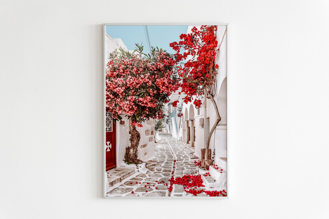 Paros Greek Street With Red Bougainvillea Bloom Floral Wall Art - Image 2