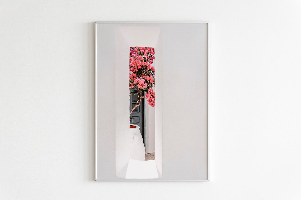 Santorini White Archway with Pink Bougainvillea Photography Poster - Image 2