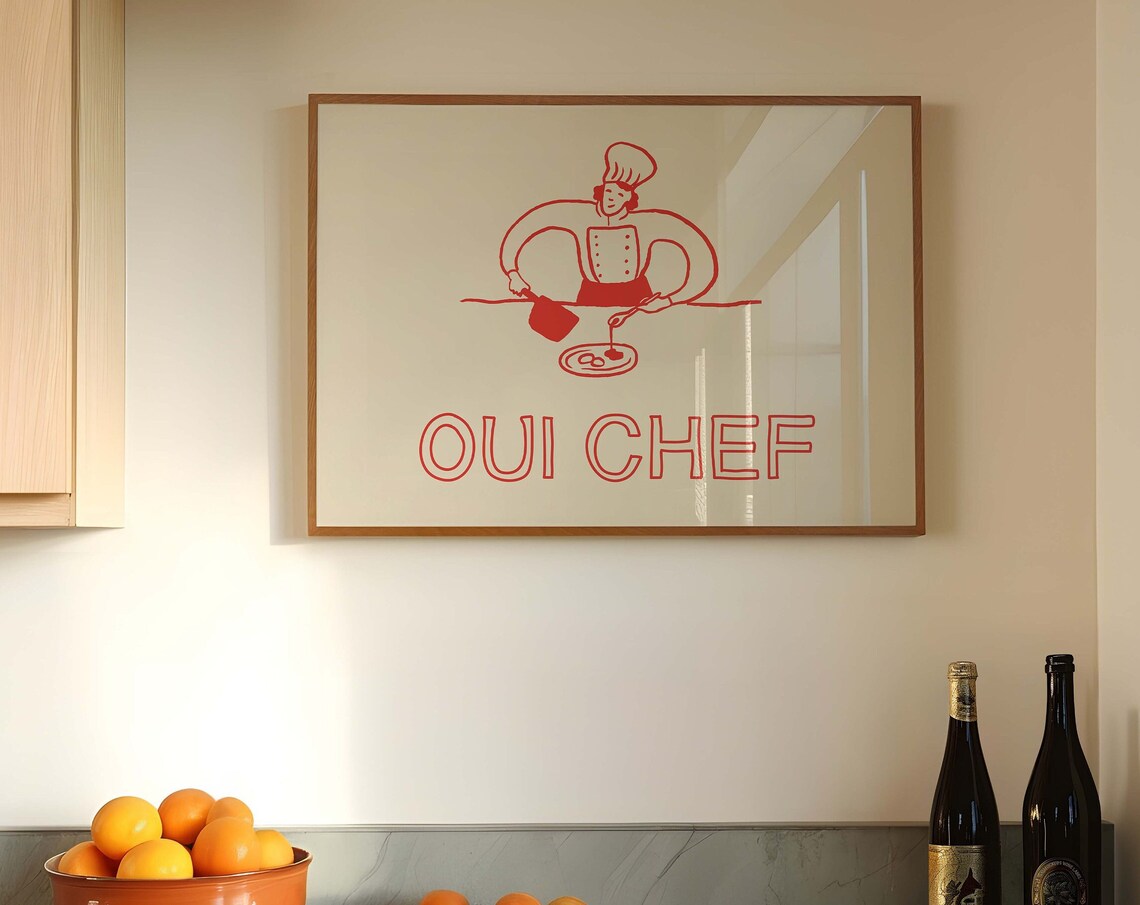 Oui Chef Red Chef Plating Line Art French Kitchen Quote Poster