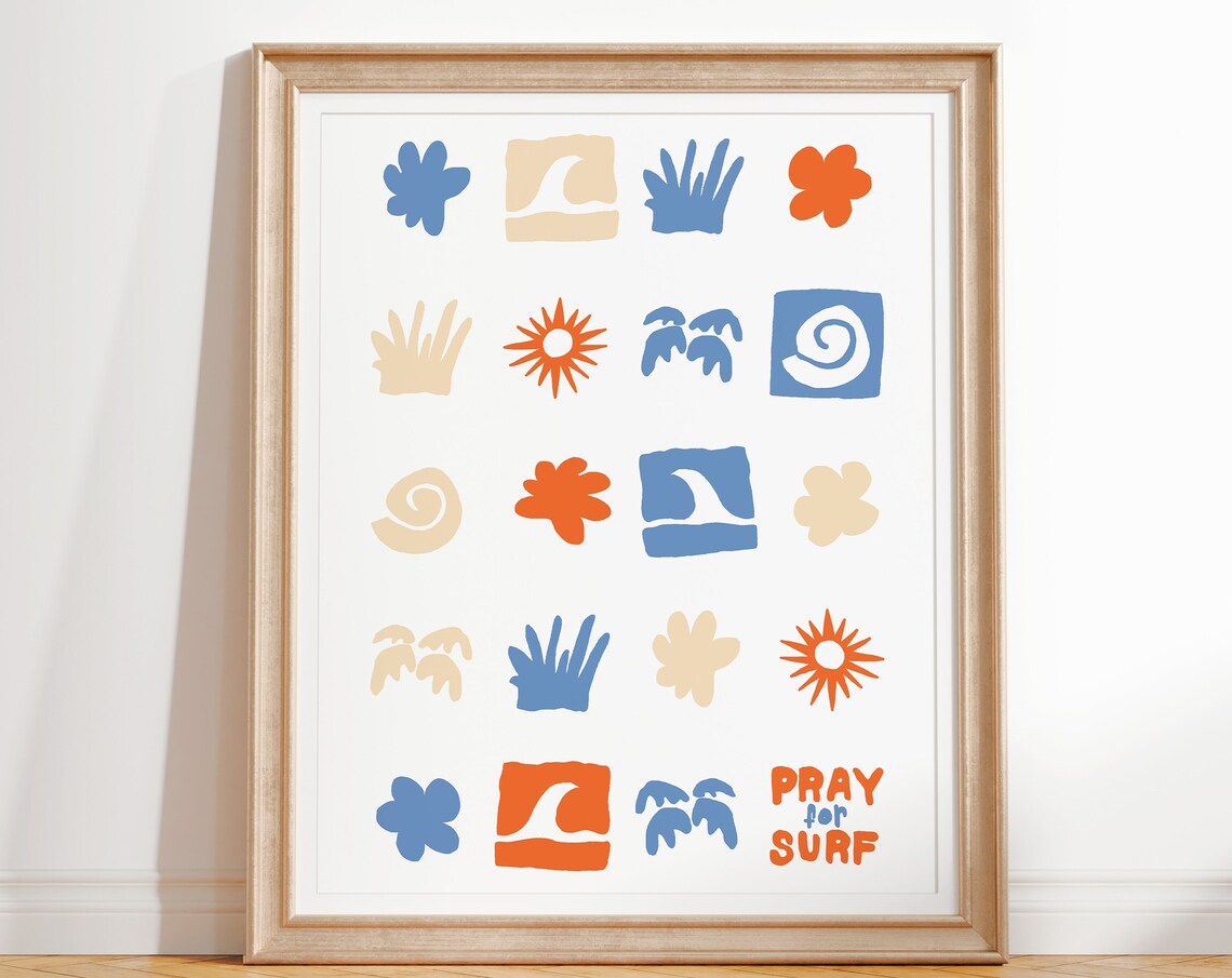 Pray for Surf Icon Grid Colorful Retro Surf Symbols Art Poster - Image 2