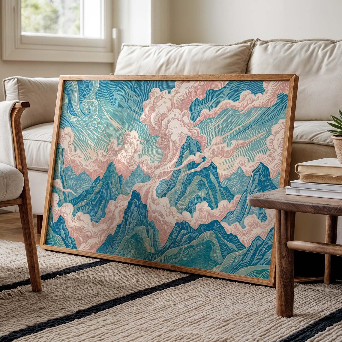 Japanese Mountain Panoramic Poster Pink Clouds Teal Peaks Nature Art