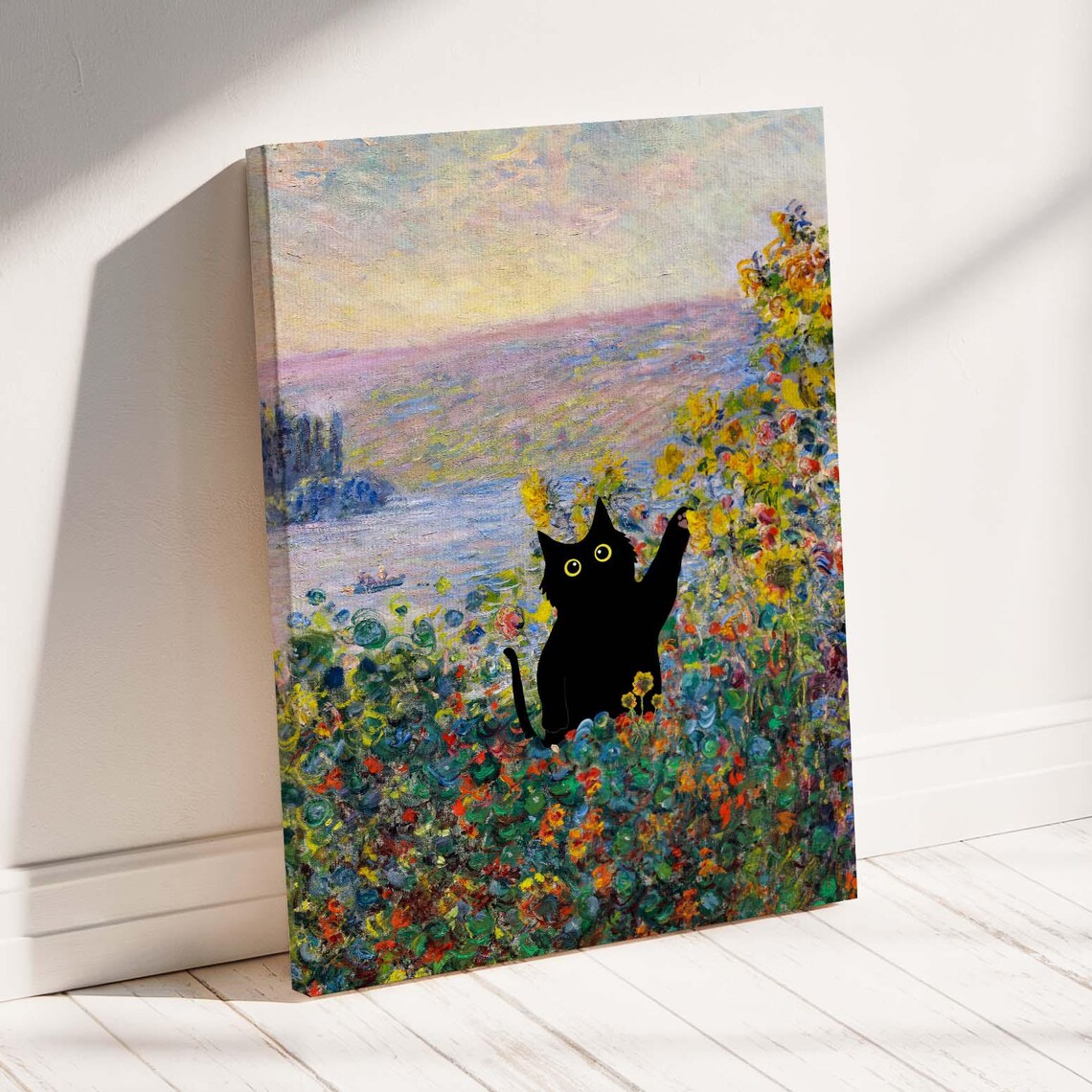 Black Cat in Flowering Garden Impressionist Landscape Canvas Poster
