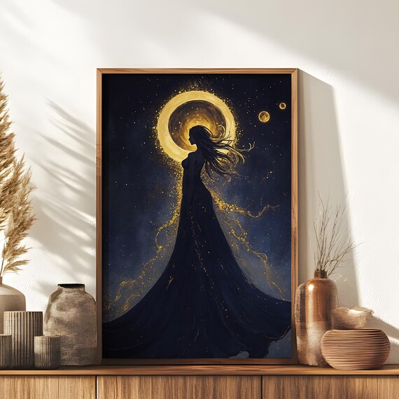Golden Eclipse Goddess Woman Silhouette Starry Night Fantasy Poster