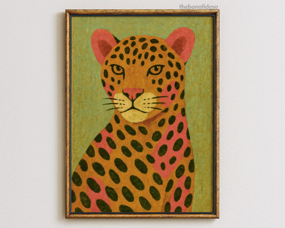 Spotted Leopard Folk Art Illustration Pink Orange Maximalist Poster