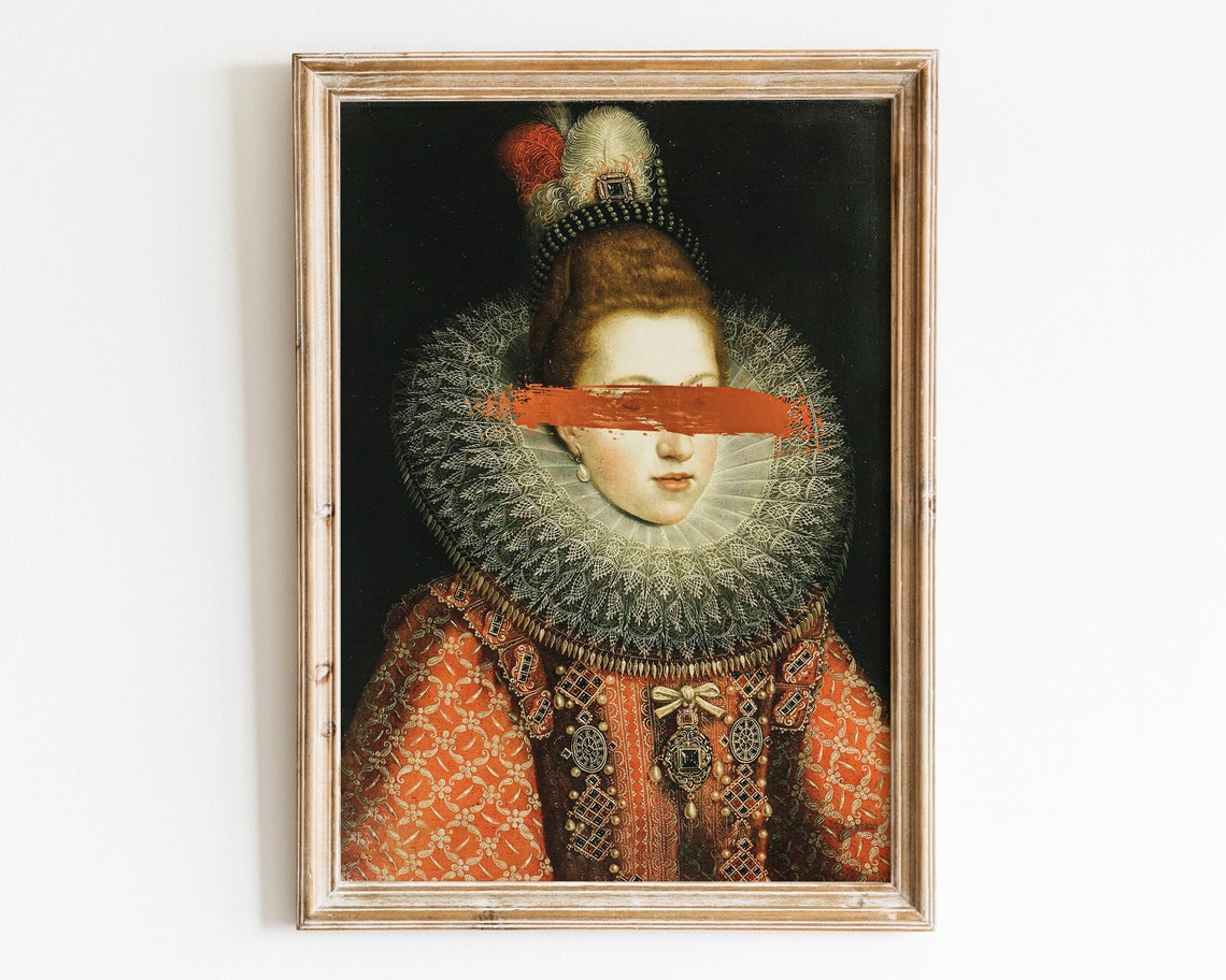 Tudor Noblewoman Portrait with Red Paint Stroke Altered Art Poster
