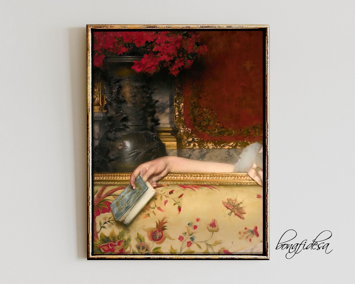 Moody Vintage Oil Painting Woman Reading Book on Floral Chaise Print