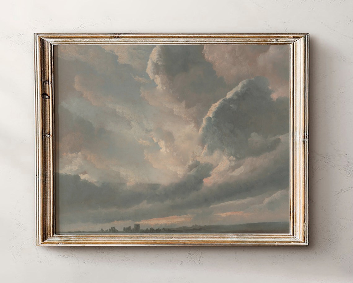 Dramatic Cloudy Sky Antique Oil Painting Moody Skyscape Wall Art