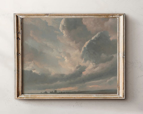 Clouds Sky Antique Oil Painting Vintage Landscape Prints Gallery Wall Art Nursery Countryside Nature Decor Artwork