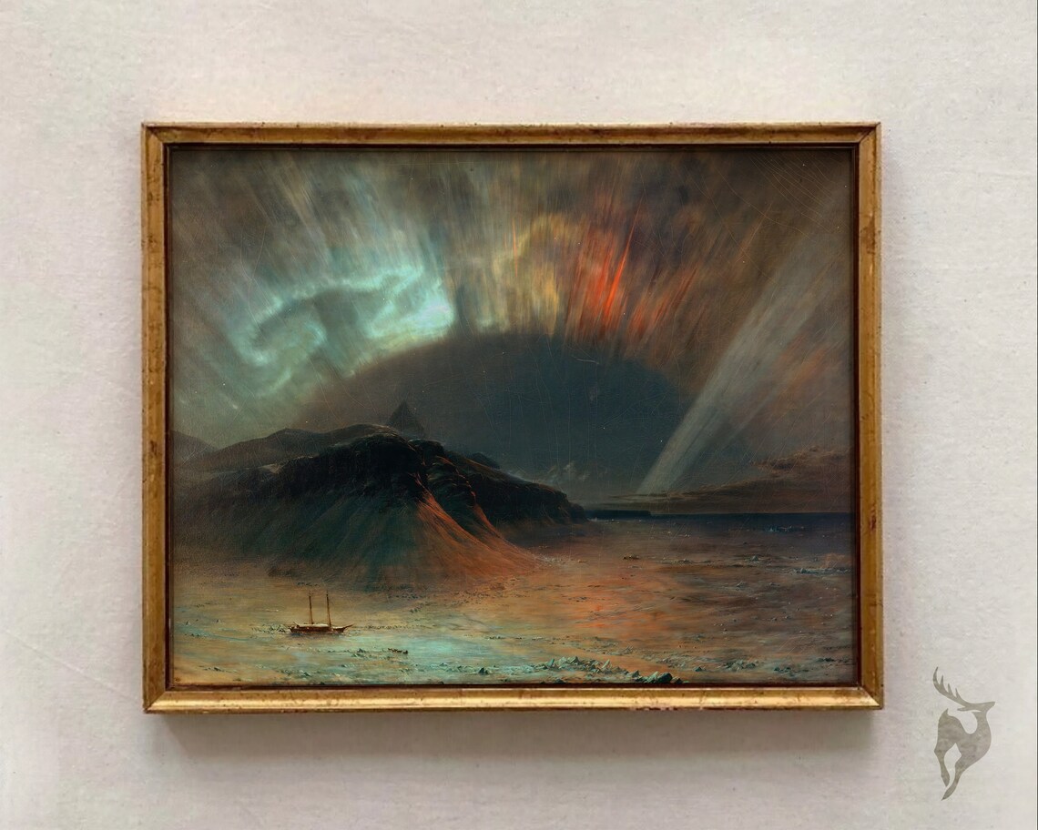 Aurora Borealis Over Dark Coast Vintage Landscape Oil Painting Print