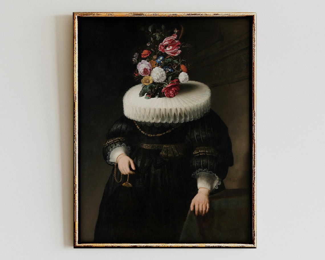 Dark Moody Dutch Flower Bouquet Head Altered Art Portrait Poster