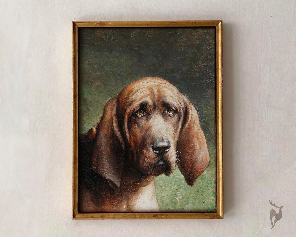 Vintage Bloodhound Portrait Antique Oil Puppy Painting Wall Art