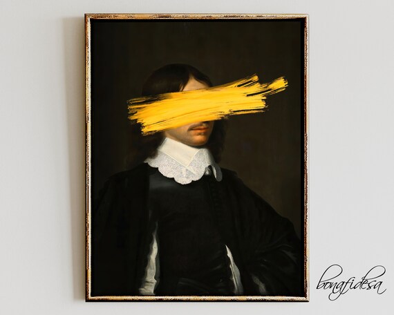Altered Baroque Portrait Man With Yellow Paint Stroke Moody Maximalist Wall Art